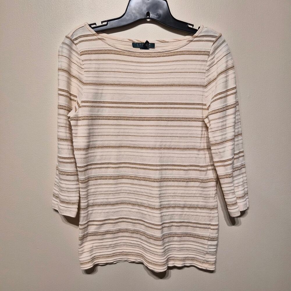 Lauren Ralph Lauren Medium Three Quarter Sleeve Boatneck White and Gold Stripe